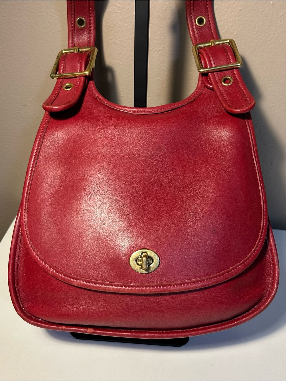 Vintage Coach 9988 Red Leather Crescent Saddle Bag Brass Buckles